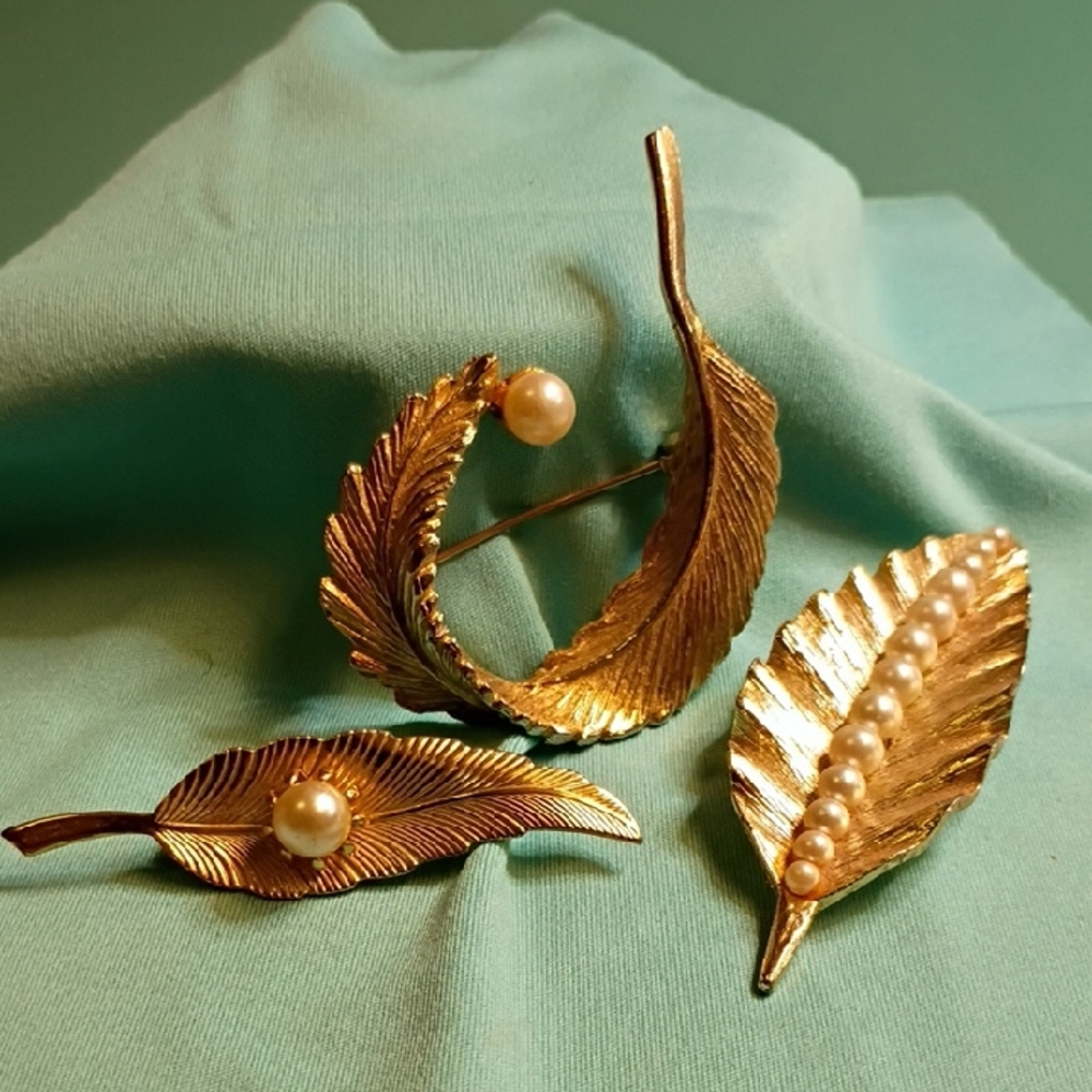 Vintage Gold Leaf Brooch Trio with Pearls